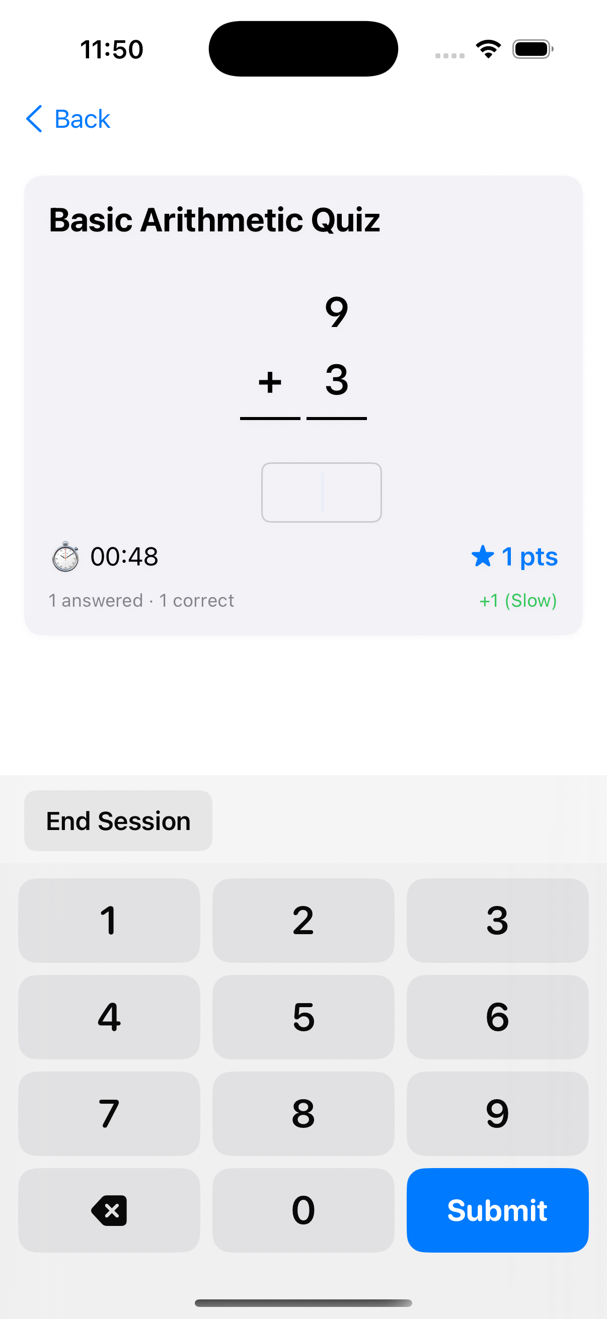 Quiz mid-session with point feedback