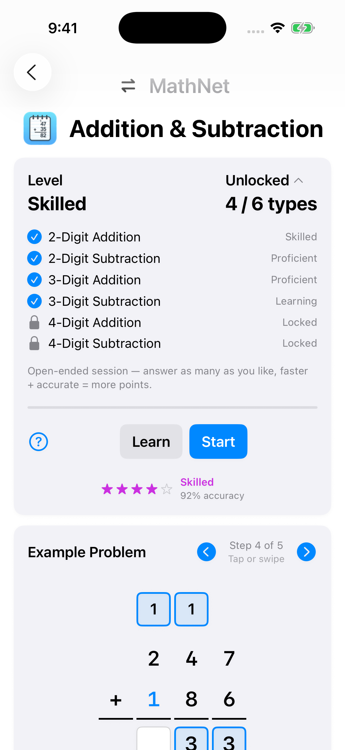 Setup screen showing proficiency level